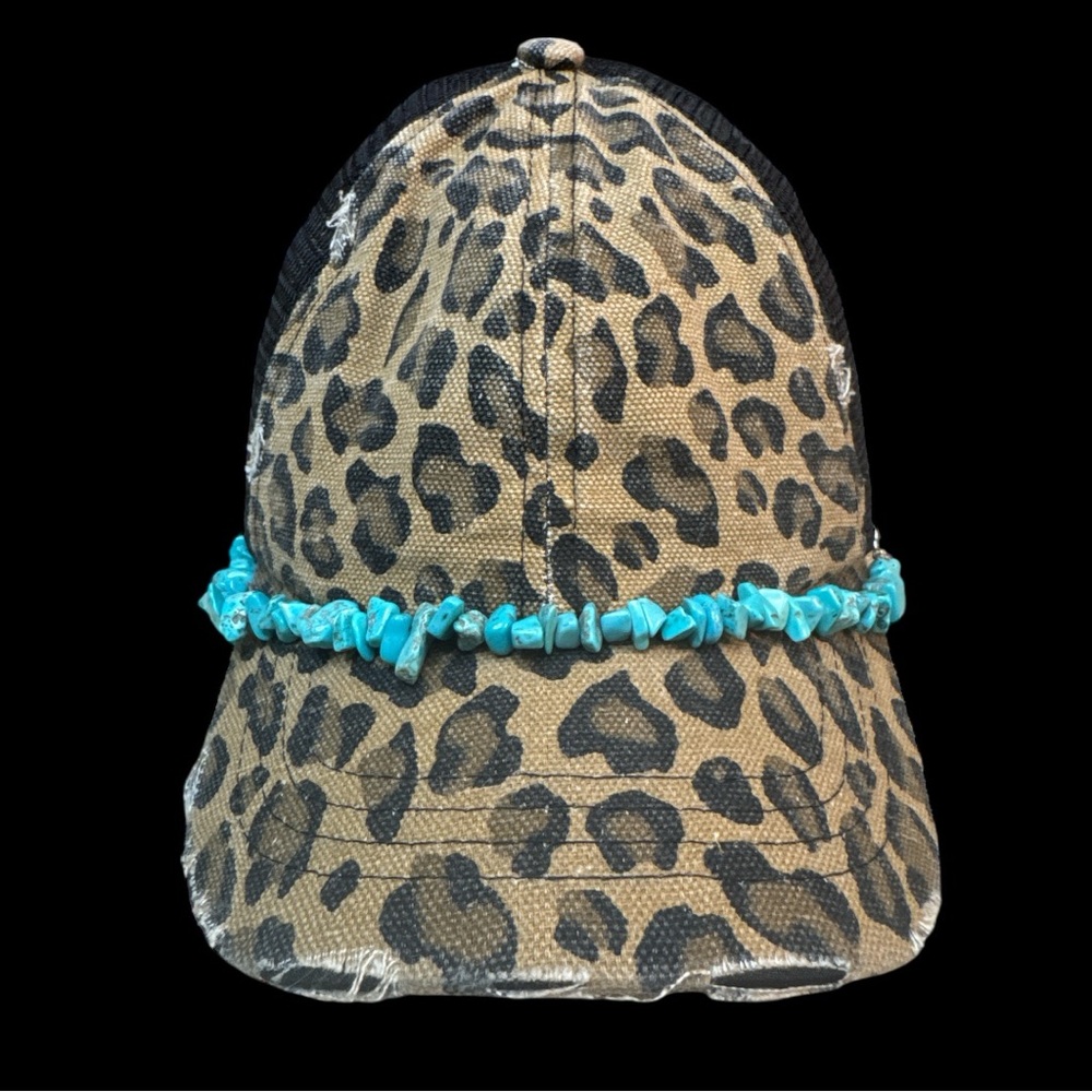 Leopard Print Trucker Cap with Turquoise Accents